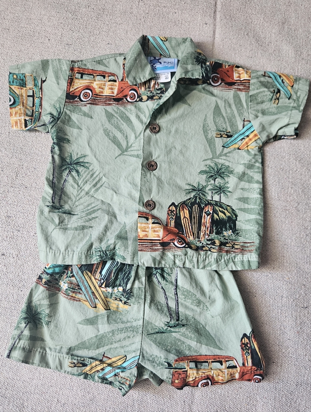 Kids Green Hawaiian Car Print 2 Piece Outfit